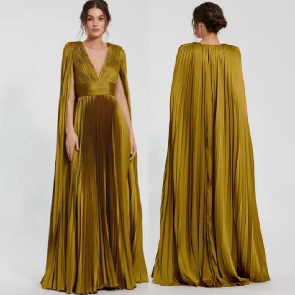 Mac Duggal Pleated Charmeuse V Neck Gown With Cape Chartreuse Size 8 | T503